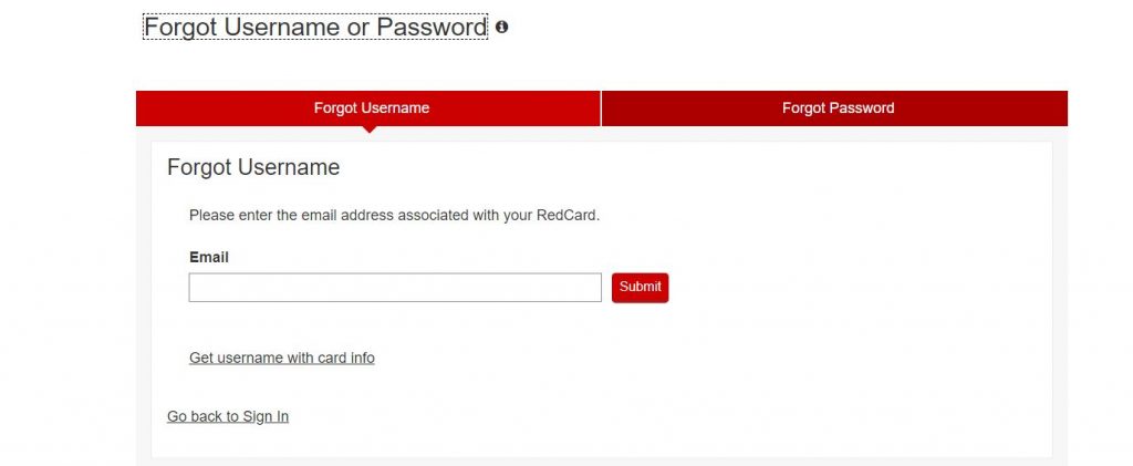 Forgot Username or Password target redcard