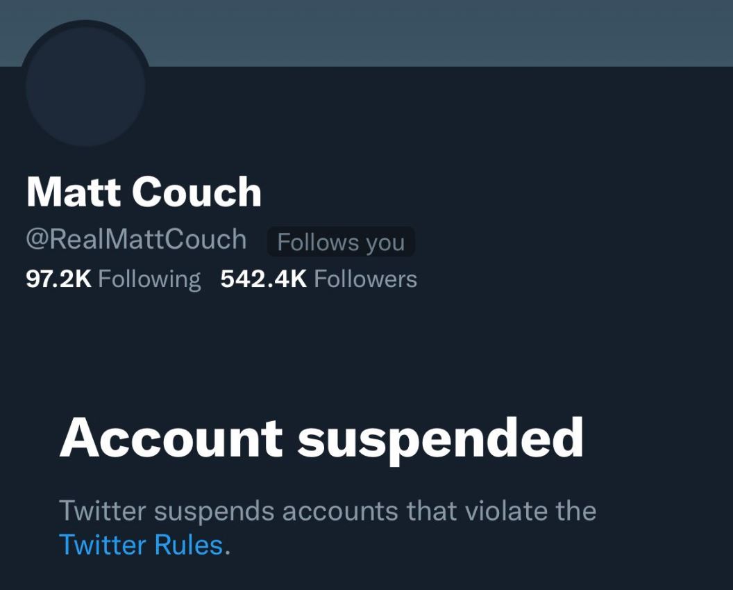 Matt Couch Twitter Account Suspended